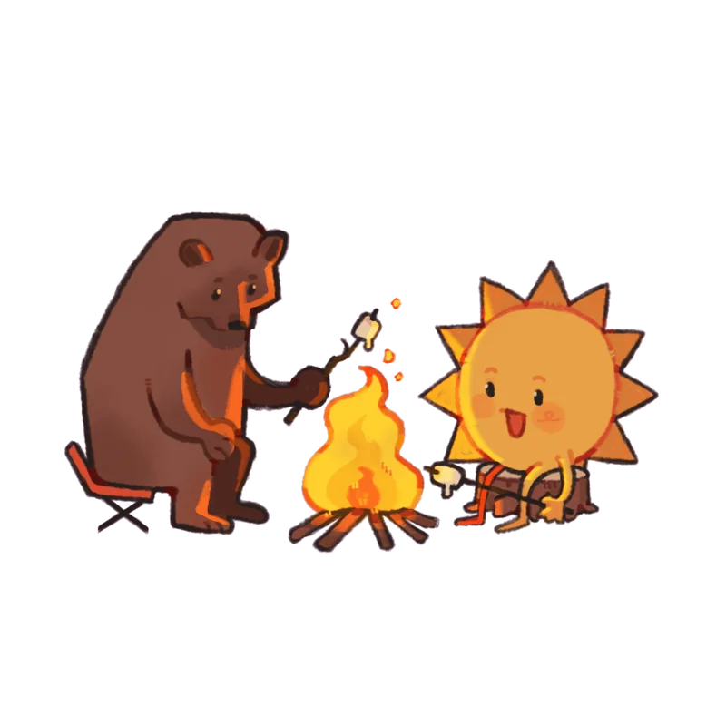 The sun and bear mascots sharing marshmallows around a campfire.