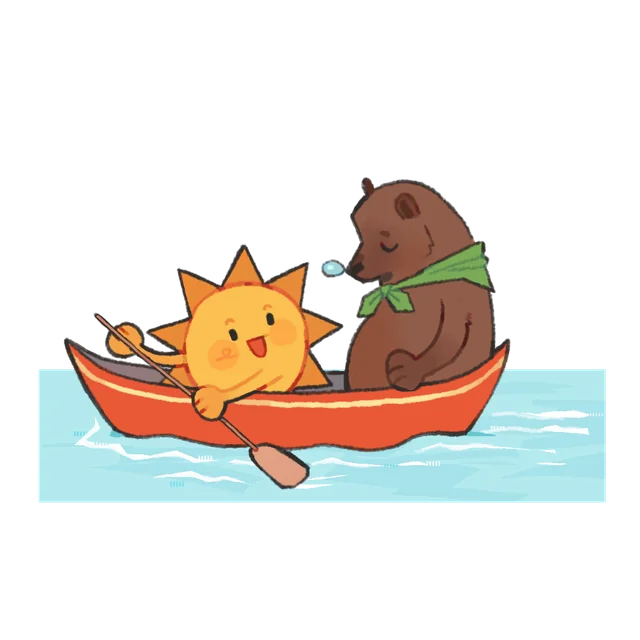 The sun and bear mascots exploring together in a canoe.