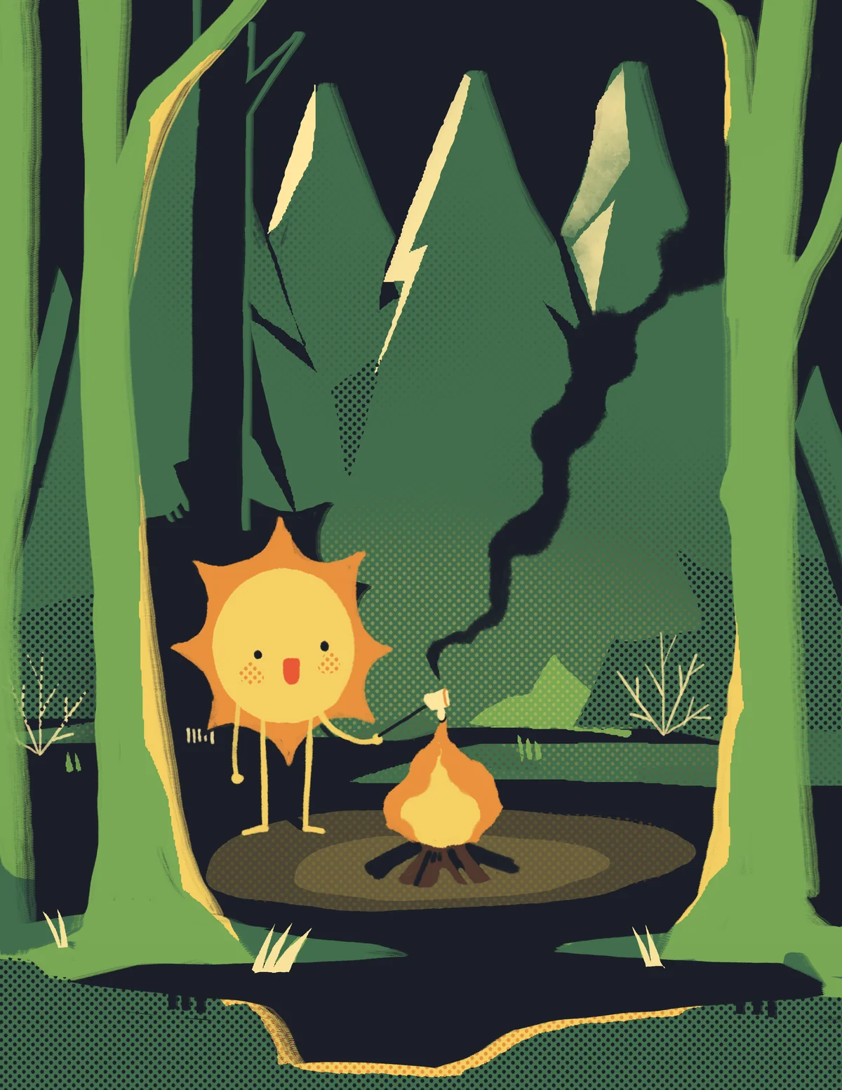 The sun mascot roasting a marshmallow by a campfire.